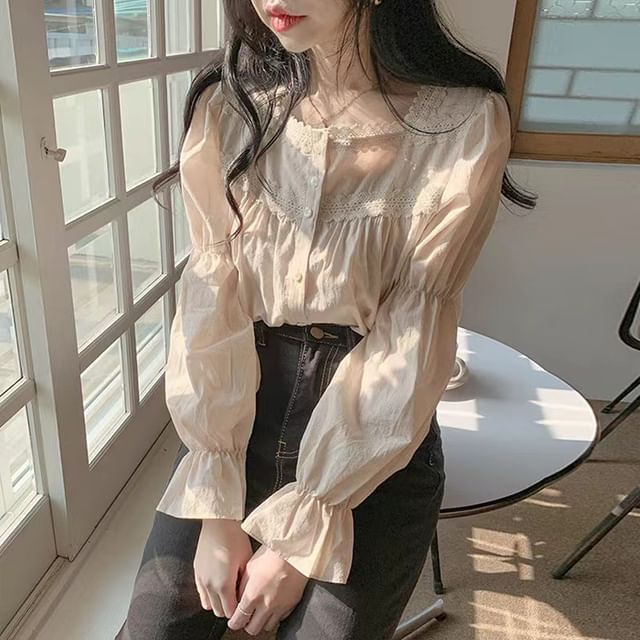 Happo-Long-Sleeve Square Neck Plain Lace Trim Button-Up Blouse