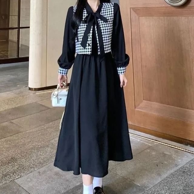 Cloud Nine-Set Long-Sleeve Tie-Neck Houndstooth Panel Midi A-Line Dress V-Neck Button-Up Crop Vest