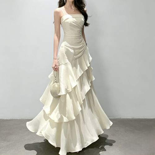 Yilda - Spaghetti Strap Plain Ruched Ruffle Trim Maxi A-Line Dress |  YesStyle