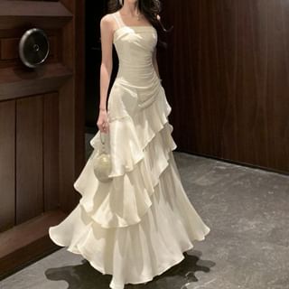 Aurora Spaghetti Strap Plain Ruched Ruffle Trim Maxi A-Line Dress Sale