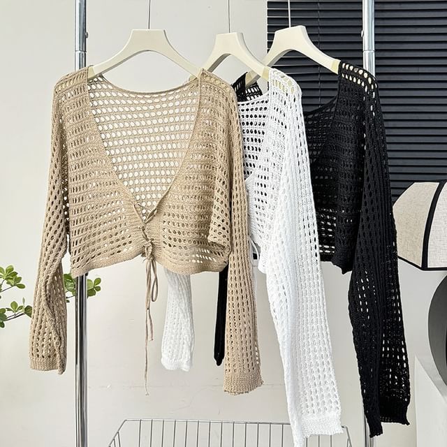 Lemongrass-Lace-Up Open-Knit Shrug