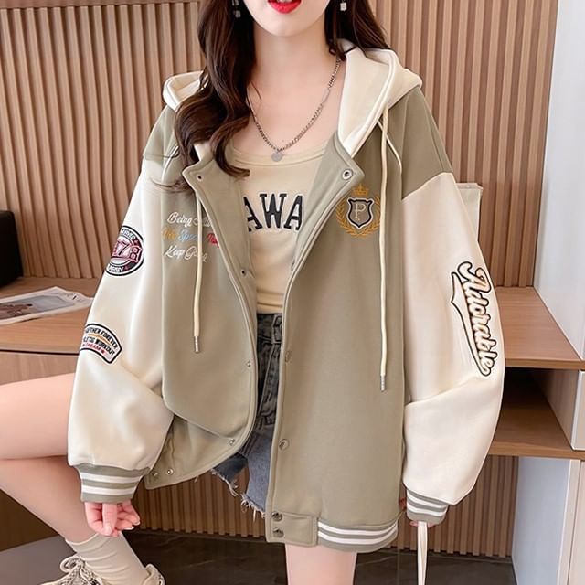 Jewie Hooded Lettering Baseball Jacket YesStyle