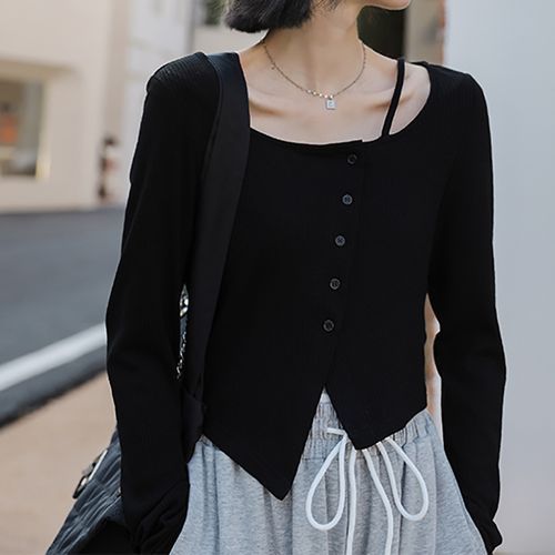 Ororoar - Long-Sleeve Boat Neck Plain Asymmetrical Button-Up