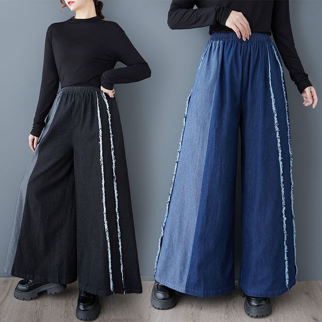 Lewwe-Elastic Waist Washed Fray Panel Denim Culottes