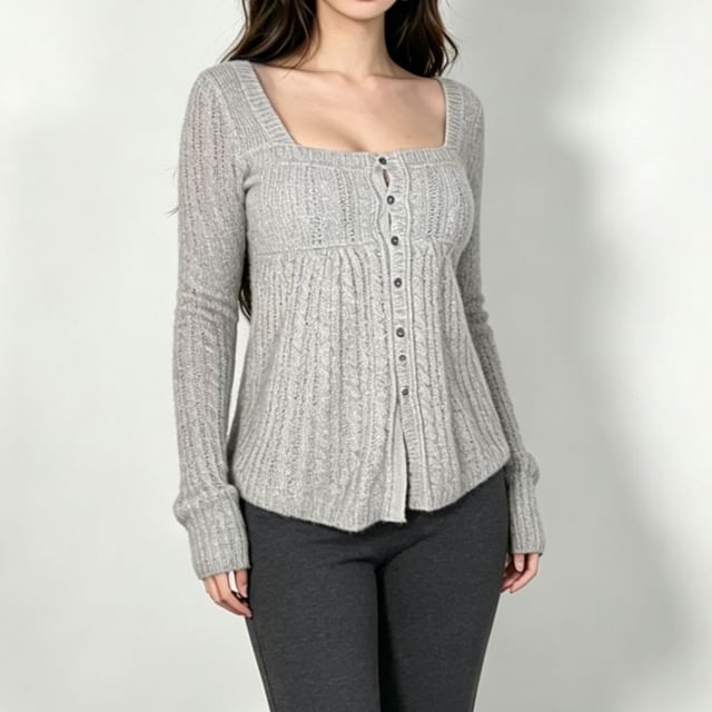 Sosana-Long Sleeve Square-Neck Plain Cable-Knit Button-Up Slim-Fit Sweater
