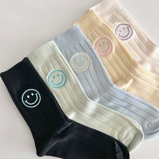 SeoulMall Smiley Face Embroidered Ribbed Socks Sale