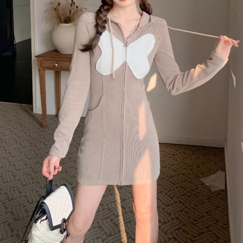 Long-Sleeve Butterfly Jacquard Hooded Knit Bodycon Dress (Various Designs)