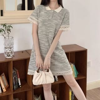 Tulstrix Short Sleeve Lace Trim Melange Mini A Line Polo Dress Sale