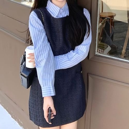 monroll - Striped Button-Up Shirt / Tweed Mini Jumper Dress | YesStyle