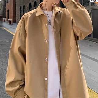 Obikan-Lapel Collar Plain Oversized Button Shirt