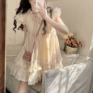 Shinsei Cap-Sleeve Stand Collar Plain Frill Trim Pintuck Tie Front Button-Up Tunic Dress