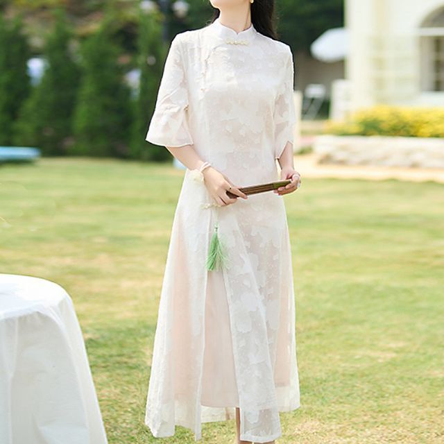 Fioridi - Traditional Chinese 3/4-Sleeve Lace Maxi A-Line Dress | YesStyle Fioridi - Traditional Chinese 3/4-Sleeve Lace Maxi A-Line Dress | YesStyle