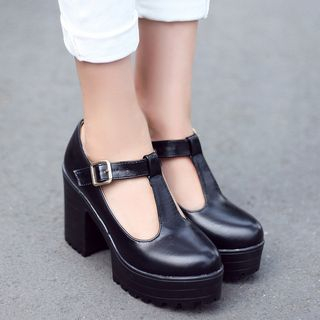 Stylish Womens Chunky High Heels Shoes T-Strap Platform Court Bar Pumps Creepers 