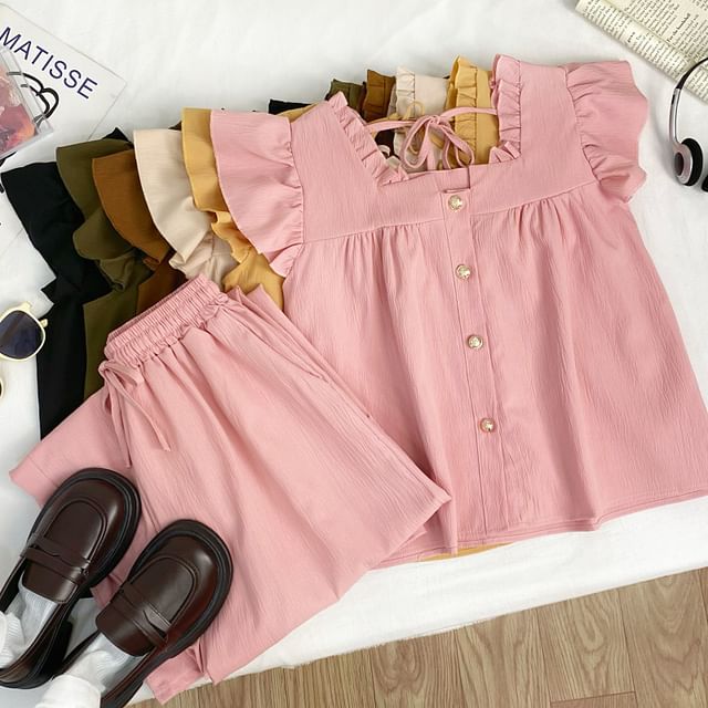 Iasia-Set Cap Sleeve Square Neck Plain Ruffle Blouse Drawstring Waist Wide Leg Pants
