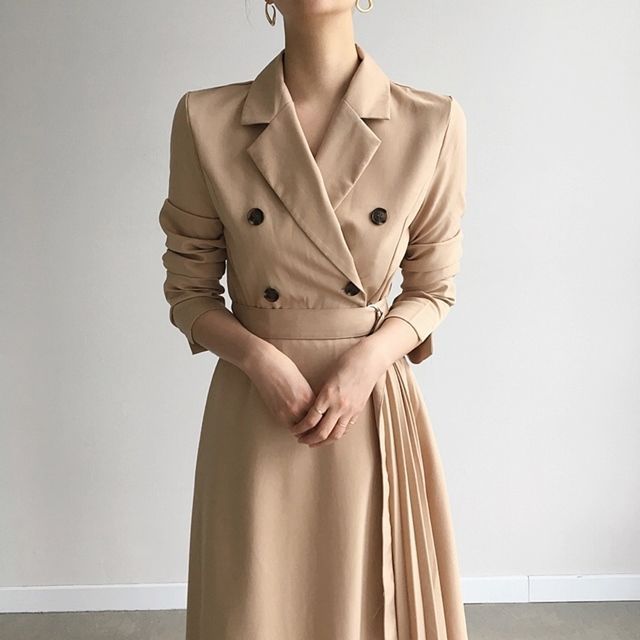 Auboi - Notch Lapel Plain Double-Breasted Midi A-Line Coat Dress | YesStyle Auboi - Notch Lapel Plain Double-Breasted Midi A-Line Coat Dress | YesStyle