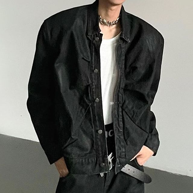 Maviyn-Collar Washed Denim Button Jacket