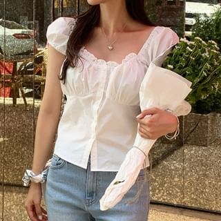 Rosesand-Puff Sleeve Square-Neck Plain Ruffled-Trim Button-Up Crop Top
