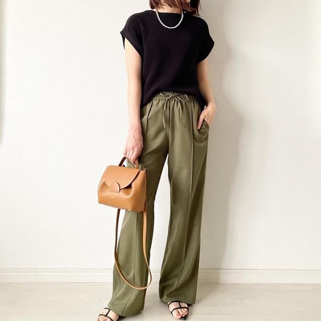 Supernova-Set Short-Sleeve Crew Neck Plain Knit Top Drawstring Waist Loose Fit Pants