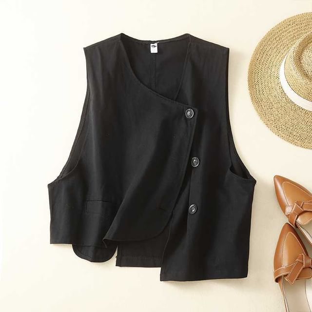 Lewwe-Asymmetrical Button-Up Plain Vest