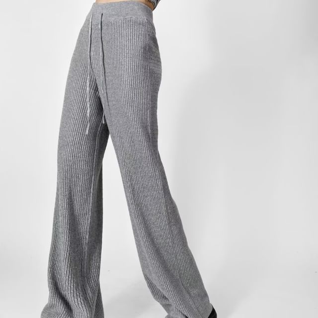 Ulark-High Rise Plain Ribbed Wide Leg Pants