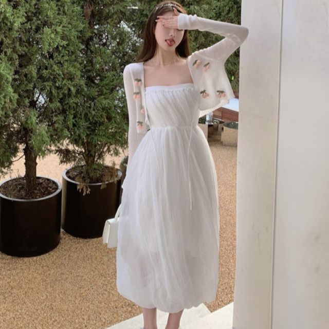 Girls Supply Strapless Midi A-Line Dress Cherry Applique