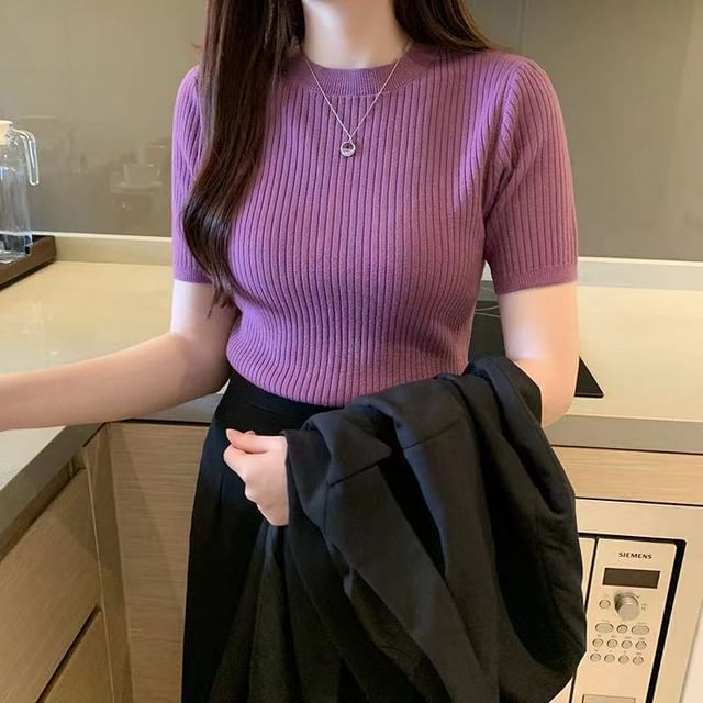 MIKIGA-Short Sleeve Mock Neck Ribbed Knit Top