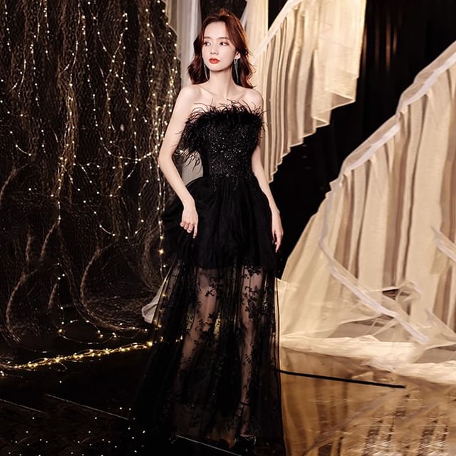 MSSBridal-Strapless Sequin Lace Panel A-Line Evening Gown