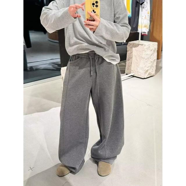 Real Boy-Drawstring Waist Plain Wide Leg Sweatpants