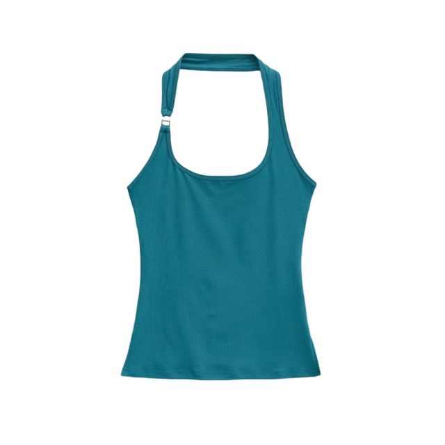 Faiar-Halter Neck Plain Open Back Slit Slim Fit Crop Top