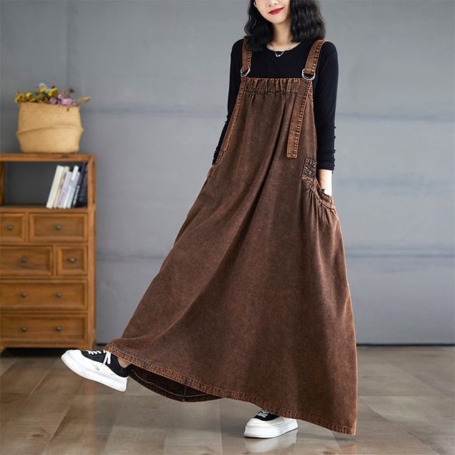 Jacko - Washed Denim Maxi Dungaree Dress | YesStyle