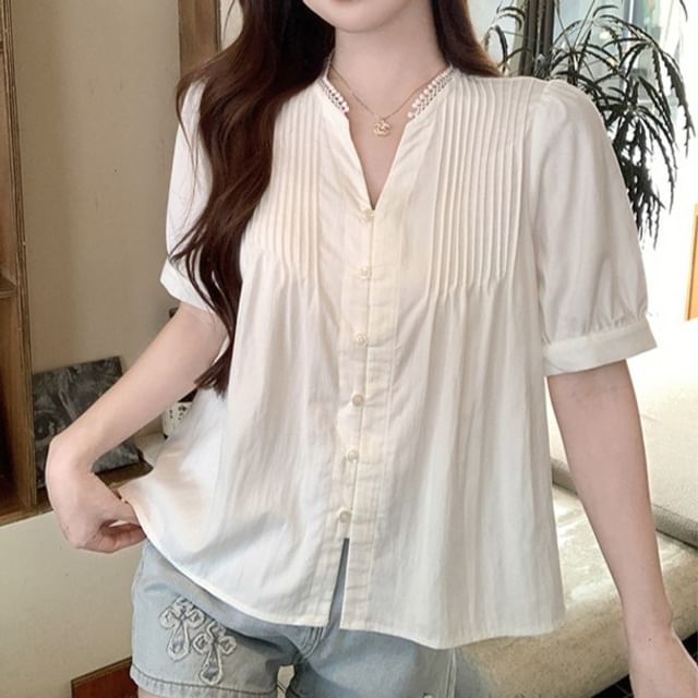Omibayo-Elbow-Sleeve Notch Neck Pintuck Button-Up Plain Blouse