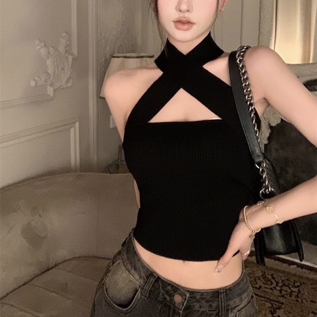plain black halter top
