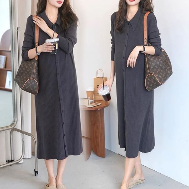 Rosy Street-Maternity Long-Sleeve Collared Plain Midi Ribbed Knit Dress