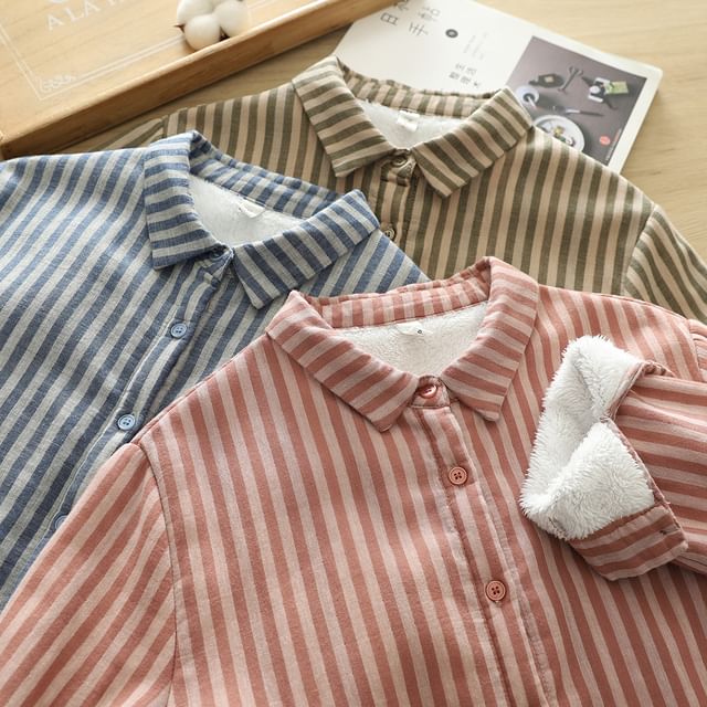 PANDAGO-Striped Fleece-Lined Button-Up Shirt