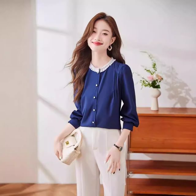 Princess Min-Puff-Sleeve Plain Ruffle Trim Button-Up Blouse