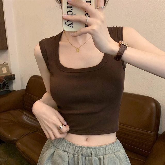 Shinsei-Square Neck Plain Crop Tank Top
