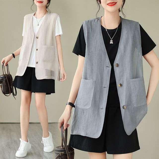 Lewwe-V-Neck Plain Button Vest