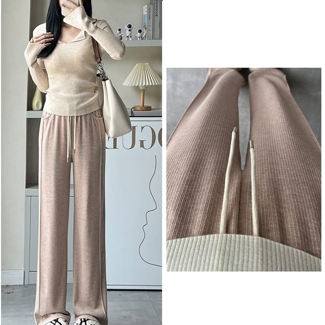 evanesce-High Rise Drawstring Ribbed Knit Pants