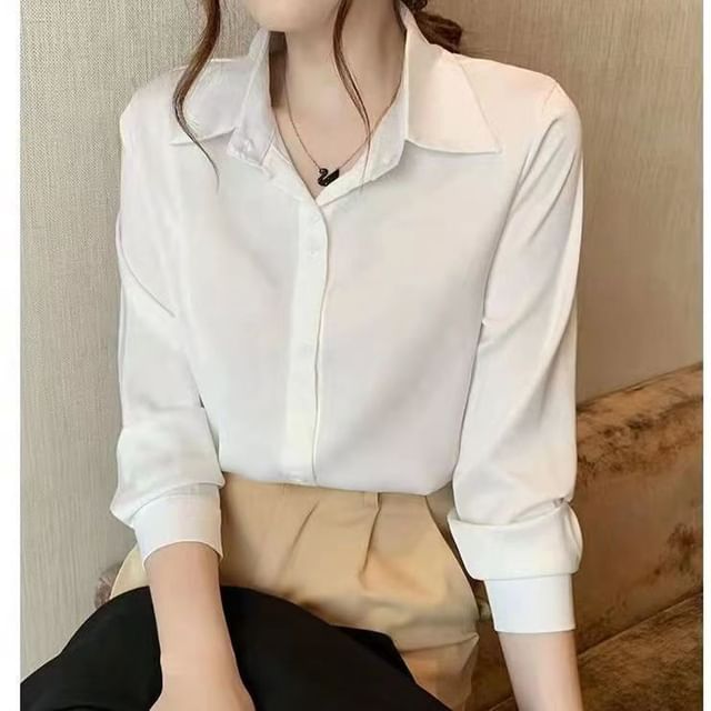 Everose-Long-Sleeve Collared Plain Shirt