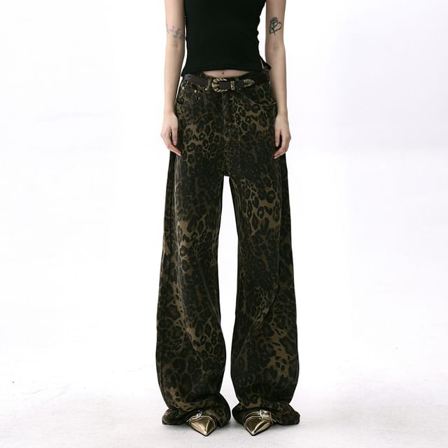 JVL-Low Waist Leopard Print Wide Leg Jeans