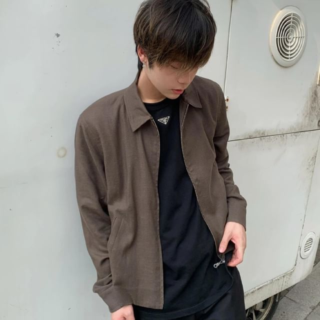 DragonRoad-Collared Plain Zip-Up Jacket