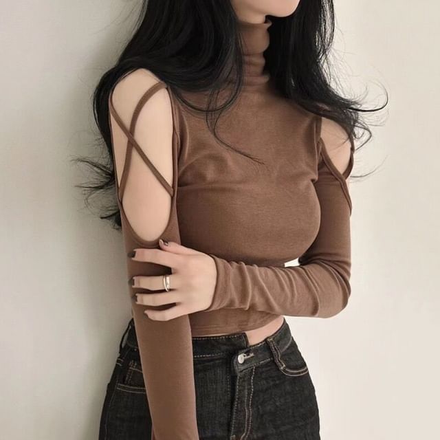 CRIBI-Long Sleeve Turtleneck Cold Shoulder Plain Crop Top