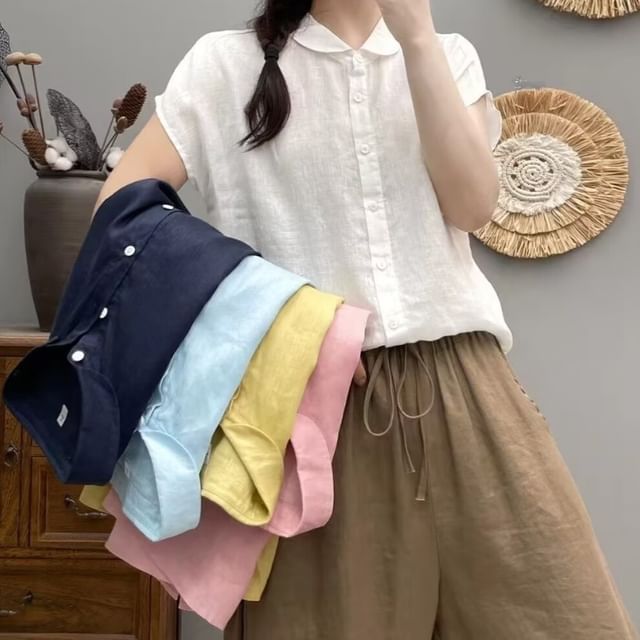 PANDAGO-Short Sleeve Peter Pan Collar Plain Linen Button Down Shirt