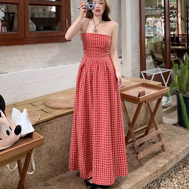 GOUB - Halter Plaid Maxi A-Line Dress | YesStyle