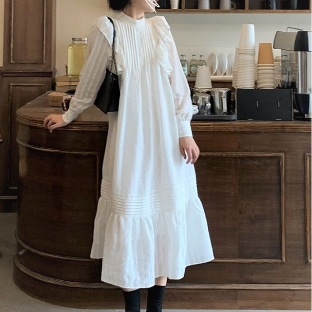 sunrise Ambassador Intestines Kukaro - Long-Sleeve Ruffle Trim Tiered Midi Babydoll Dress | YesStyle