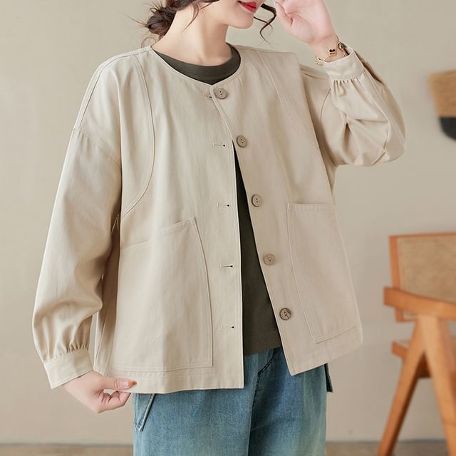 Supernova-Round Neck Plain Button Jacket