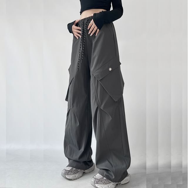 evanesce-Side Pocket Drawstring Waist Plain Wide Leg Cargo Pants