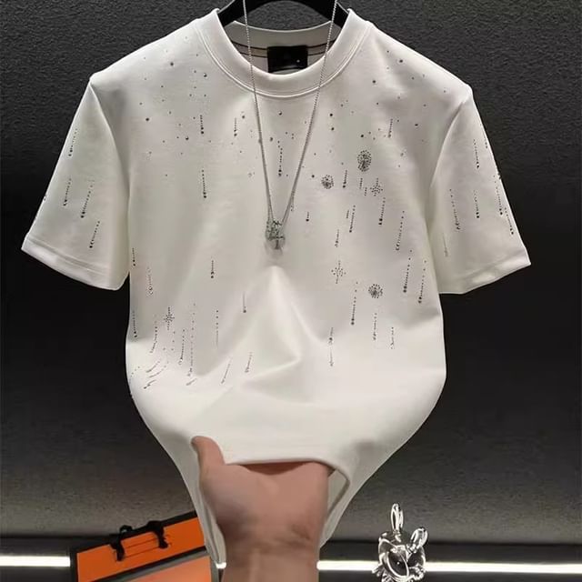 fluffush-Elbow-Sleeve Crew Neck Rhinestone T-Shirt