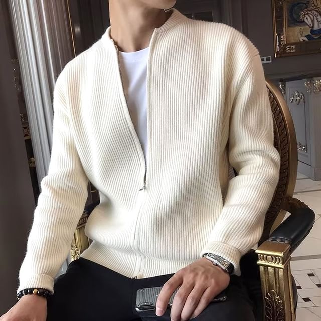 Blueforce-Ribbed Plain Knit Zip-Up Jacket