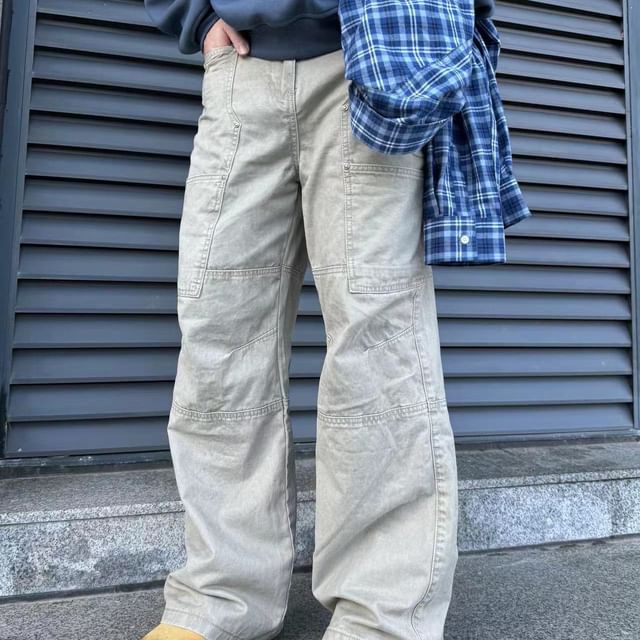 Zentrus-Mid Rise Plain Panel Straight Leg Cargo Pants